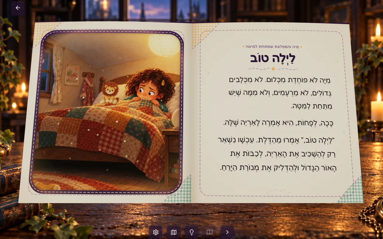 כפולה פתוחה: איור של מיה במיטה לצד הטקסט המנוקד של הפרק הראשון