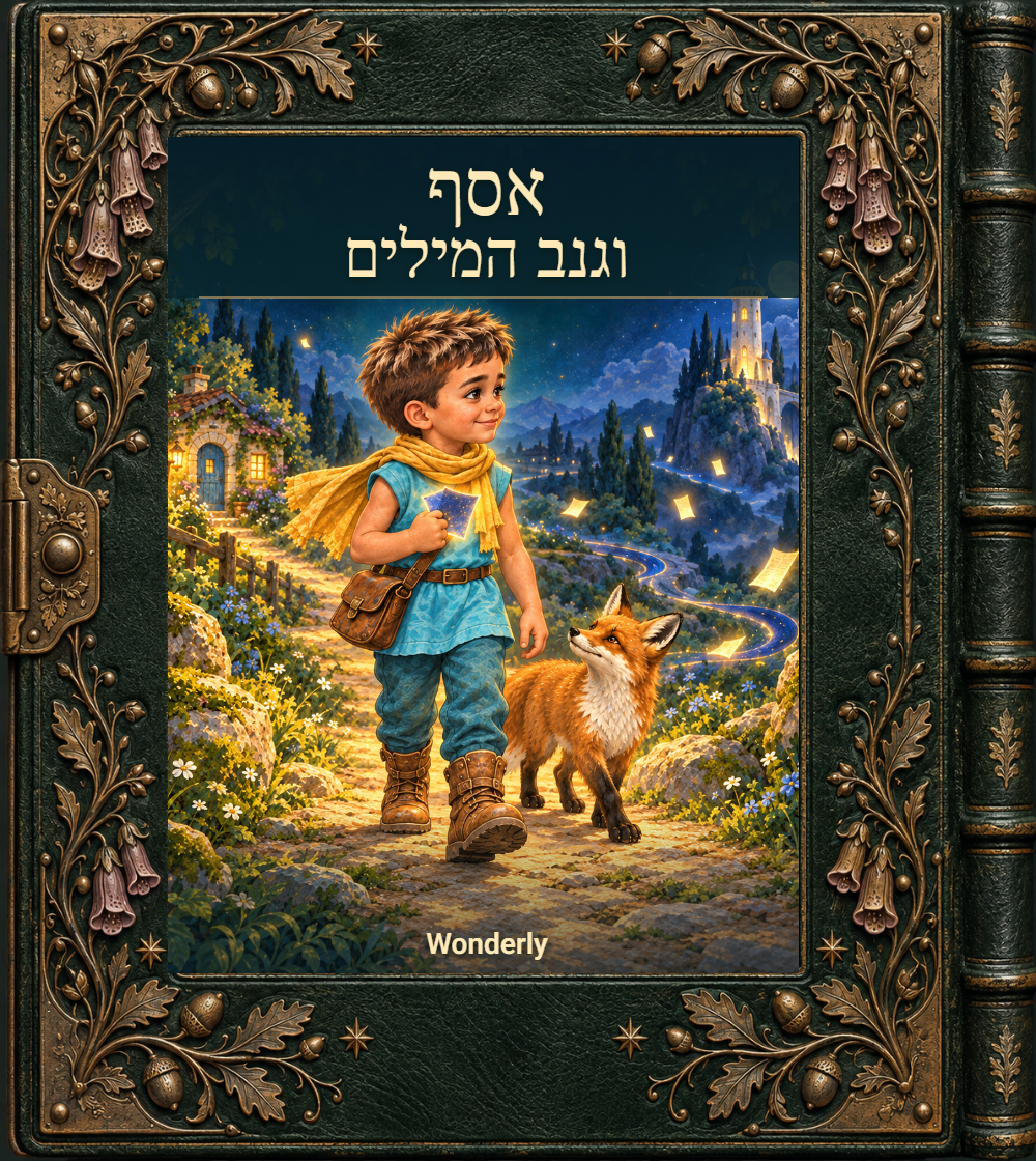כריכת אסף וגנב המילים, בעור ירוק עם עיטורי ברונזה. אסף ונורי צועדים באיור שבמרכזה